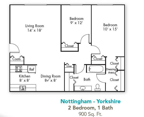 Floor plan for 2 beds, 1 bath, 900 sqft